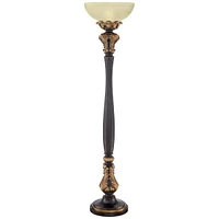 Barnes and Ivy Rita Traditional Victorian Torchiere Floor Lamp 75" Tall Carved Wood Amber Glass Shade Foot Dimmer Standing Light for Living Room Readi