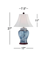 Barnes and Ivy Shonna Traditional Asian Style Jar Table Lamp with Usb Charging Port 27" Tall Blue White Floral Porcelain Flared Bell Shade for Living