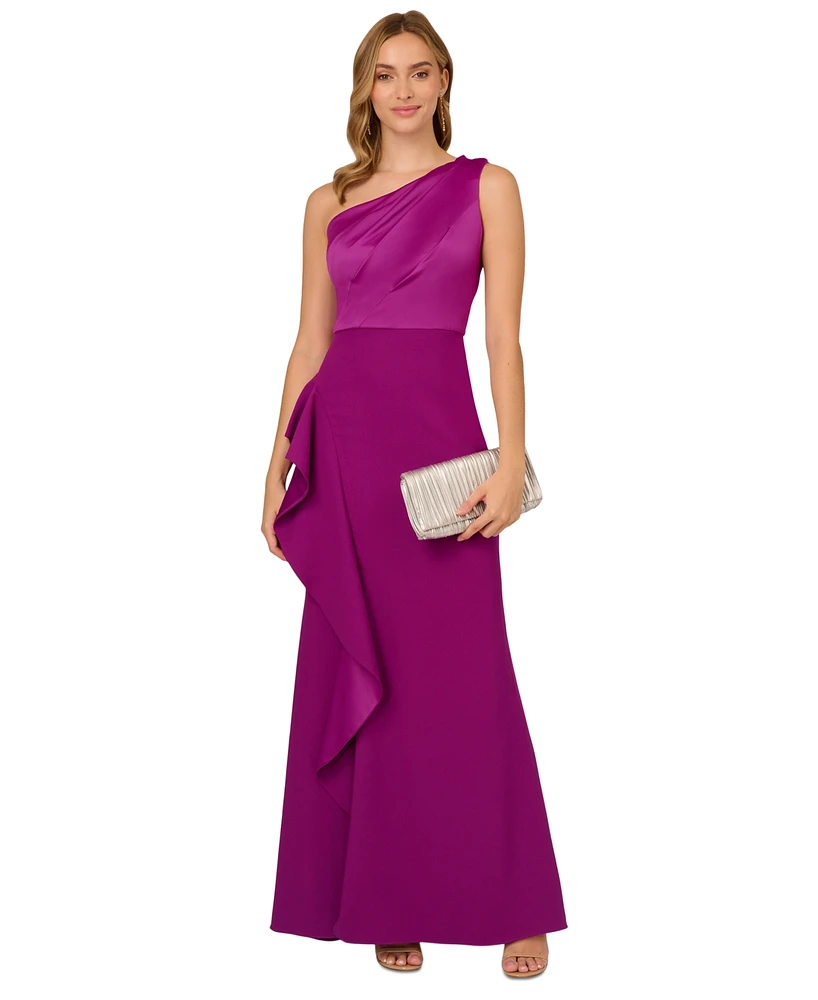 Adrianna Papell One-Shoulder Satin-Trim Draped Gown