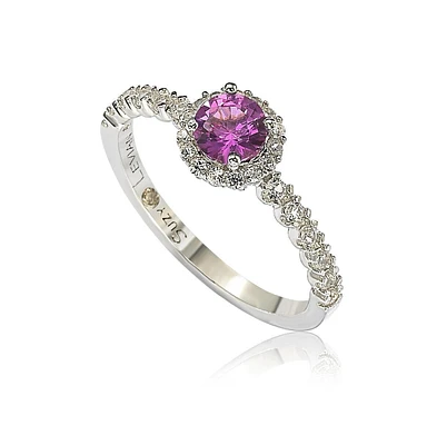 Suzy Levian New York Pink Sapphire & Lab-Grown White Petite Halo Bridal Ring Sterling Silver by