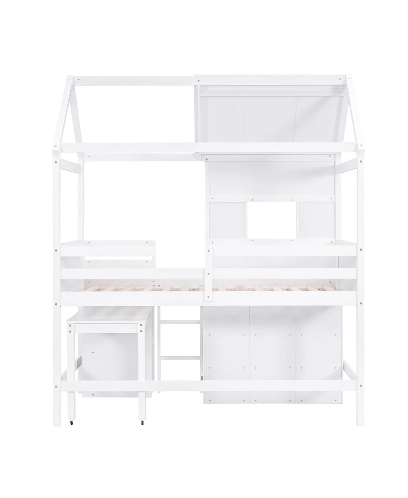 Simplie Fun Twin Size House Loft Bed With Storage Desk And 3 Drawer Chest, White