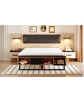 Streamdale Furniture Queen Size Wood Platform Bed with Upholstered Headboard, Lights and Storage Nightstand, Bench, Walnut