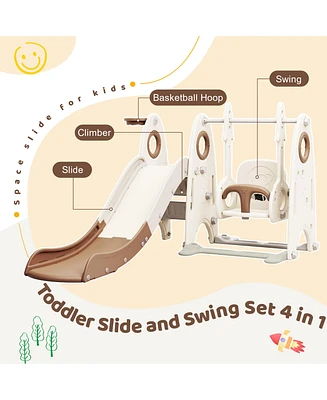 Simplie Fun 4-in-1 Rocket Slide & Swing Set with Basketball Hoop for Toddlers