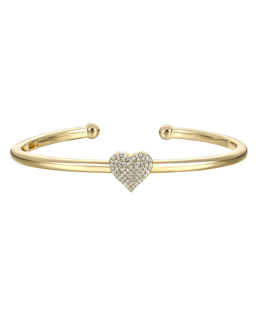 GiGiGirl Teens 14k Yellow Gold Plated With Clear Cubic Zirconia Heart Pave Open Cuff Bangle Bracelet