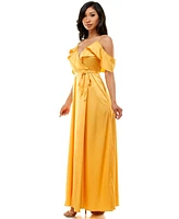 bebe Women's Cold Shoulder Ruffle Maxi Dress, Amber - XXLarge