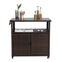 Streamdale Furniture Outdoor Wicker Bar Cart with Wheels and Glass Tabletop
