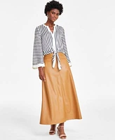 Vince Camuto Womens Striped Tie Hem Blouse Faux Leather Seamed Maxi Skirt