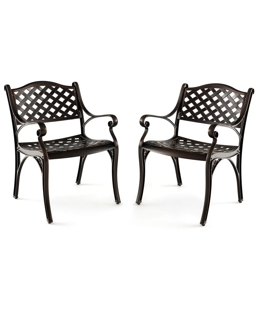 Slickblue Cast Aluminum Patio Chairs Set of 2 Dining Chairs with Armrests Diamond Pattern-Bronze