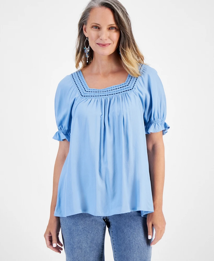 Style & Co Petite Crocheted Square-Neck Ruffled-Cuff Top, Created for Macy's