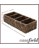 Casafield Set of 2 Water Hyacinth Storage Baskets with 3 Sections, Espresso - Woven Bin Organizers for Bathroom, Laundry, Pantry, Office, Shelves