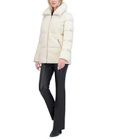 Tahari Women's Mixed-Media Stand-Collar Puffer Coat