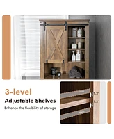 Sugift Wooden Bathroom Storage Cabinet with Sliding Barn Door and 3-level Adjustable Shelves