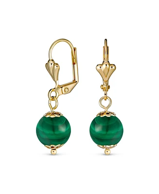 Bling Jewelry Classic Elegant Simple Round Natural Stone Dangle Lever Back Drop Ball Earrings Polished Yellow Gold Plated Brass 8MM