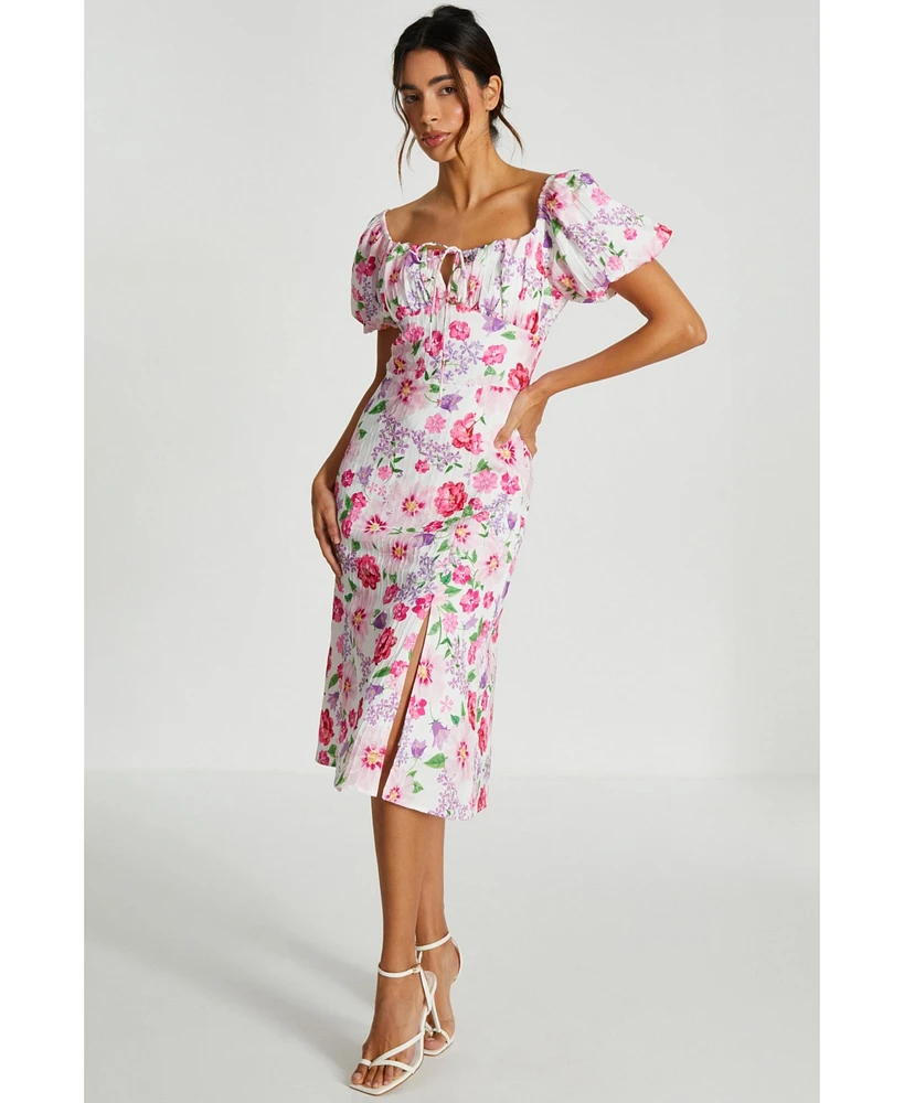 Quiz Women's Woven Floral Puff Sleeve Midi Dress