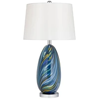 Possini Euro Design Pablo Modern Style Table Lamp with Usb Charging Port 27" Tall Multi Blue Art Glass White Drum Shade for Living Room Bedroom House