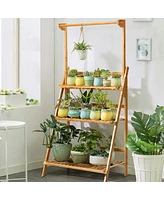 Sugift 3 Tiers Bamboo Hanging Folding Plant Shelf Stand