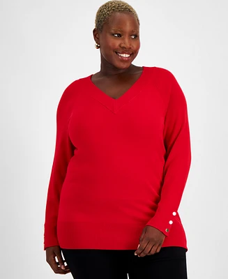 Jm Collection Plus Size Ribbed V-Neck Sweater, Created for Macy's