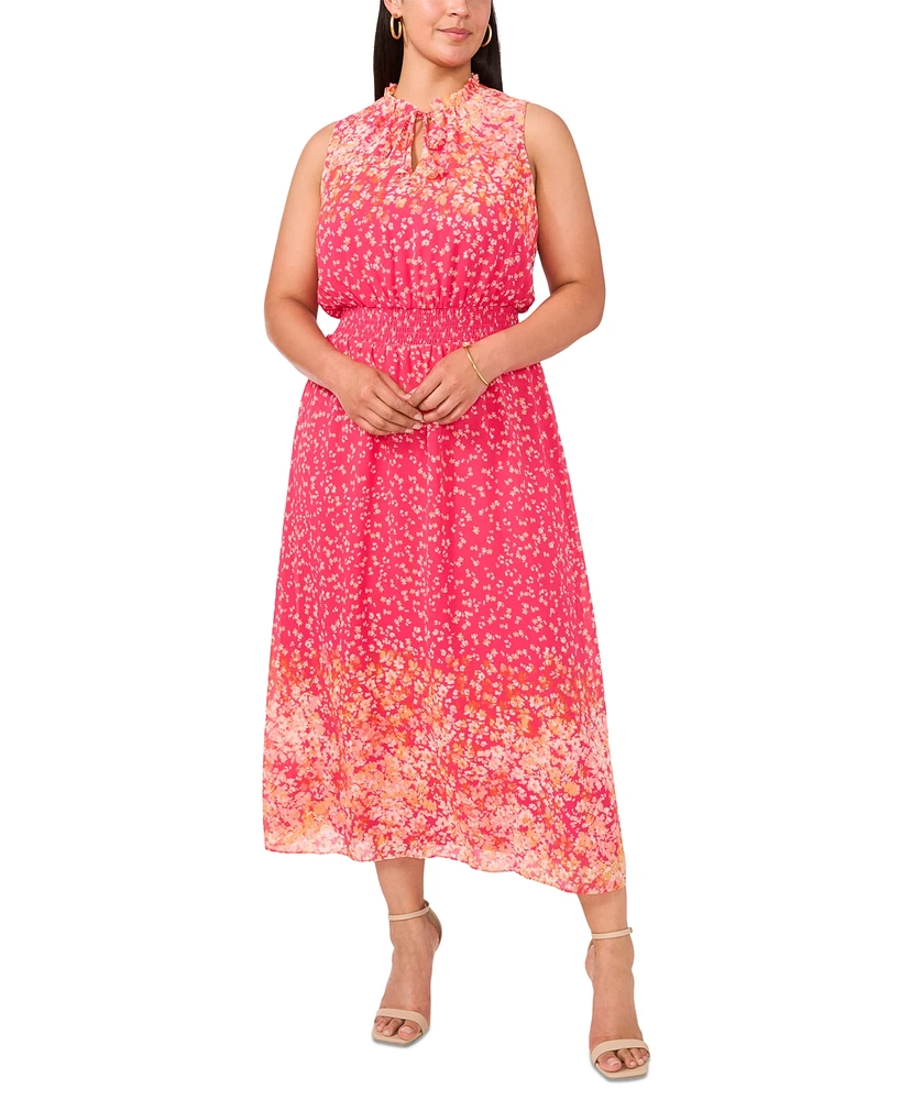 Msk Plus Printed Split-Neck Smocked-Waist Dress