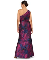 Adrianna Papell Women's Jacquard Printed Asymmetric One-Shoulder Gown