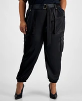 I.n.c. International Concepts Plus Belted High-Rise Satin Cargo Pants, Created for Macy's