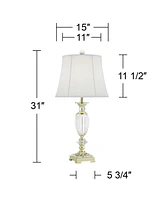 Traditional Table Lamp 31" Tall Brass Gold Faceted Clear Crystal White Flared Bell Fabric Shade for Bedroom Living Room Nightstand Bedside Office Hous