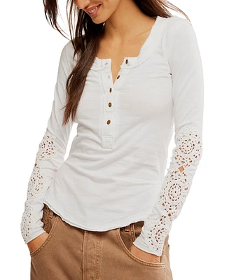 Free People Women's Our Song Cotton Henley Crochet-Cuff Top