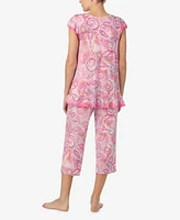 Ellen Tracy Women's Printed Flutter-Sleeve Cropped Pajama Set