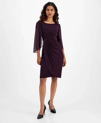 Connected Petite Chiffon Cape-Sleeve Sheath Dress