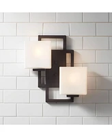 Possini Euro Design Lighting on the Square Modern Wall Light Sconce Bronze Hardwired 13 3/4" Wide 2-Light Fixture Opal Glass Shade for Bedroom Bathroo