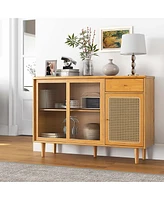 Costway Buffet Sideboard Cabinet Rattan Console Table with Sliding Doors Storage Drawer
