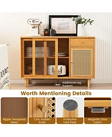 Costway Buffet Sideboard Cabinet Rattan Console Table with Sliding Doors Storage Drawer