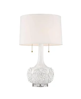 Possini Euro Design Natalia Modern Table Lamp 27" Tall with Table Top Dimmer White Glaze Floral Ceramic Fabric Drum Shade for Bedroom Living Room Hous