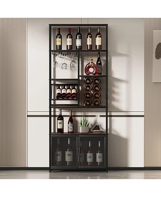 Simplie Fun Industrial 82.7" Freestanding Floor Wine Cabinet with Glass Rack