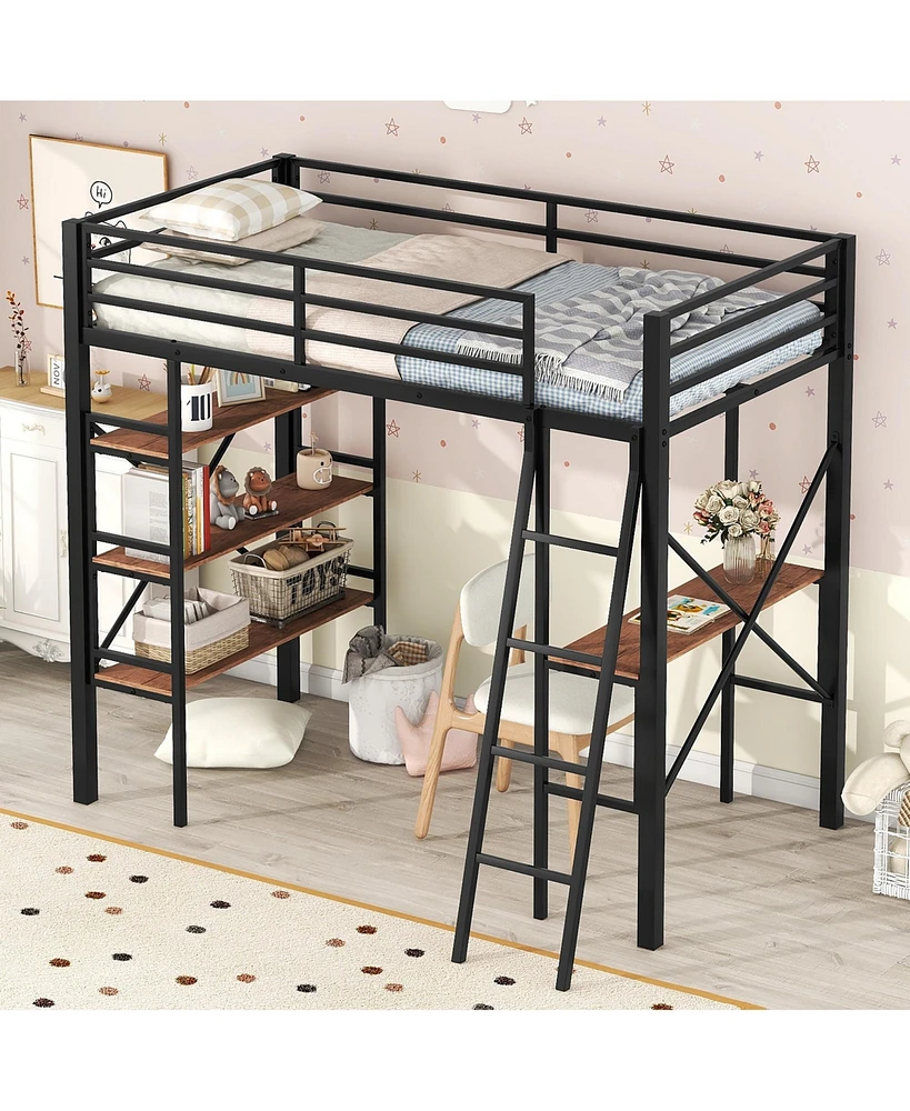 Simplie Fun Twin Size Metal Loft Bed with Shelves and Desk, Black