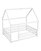 Full Size Floor Wooden Bed with House Roof Frame, Fence Guardrails, White