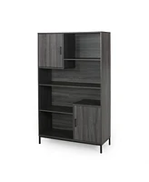 Contemporary Faux Wood Bookcase with Cabinets and Iron Legs