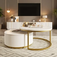 Streamdale Furniture Modern Round Nesting Coffee Table Fluted with Drawer in White & Gold in 31.5''