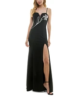 City Studios Juniors' Rhinestone-Embellished Illusion-Neck Gown