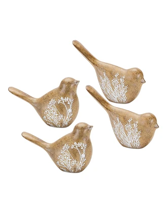 Slickblue Set of 4 Floral Etched Bird Figurines with Wood Grain Design