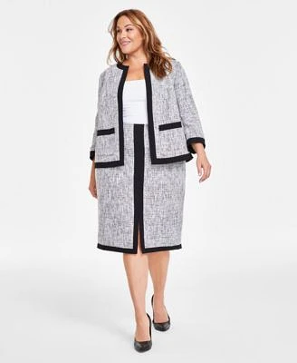 Kasper Plus Size Framed Tweed Open Front Jacket Front Slit Colorblocked Pencil Skirt