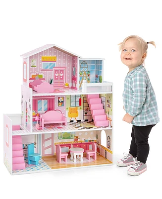 Costway Kids Wooden Dollhouse Playset with 5 Simulated Rooms & 10 Pieces of Furniture