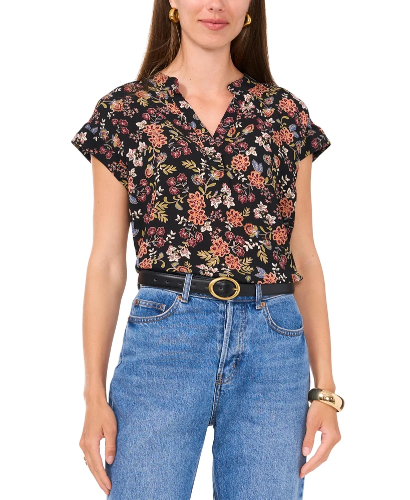 Vince Camuto Women's Floral-Print Split-Neck Short-Sleeve Blouse