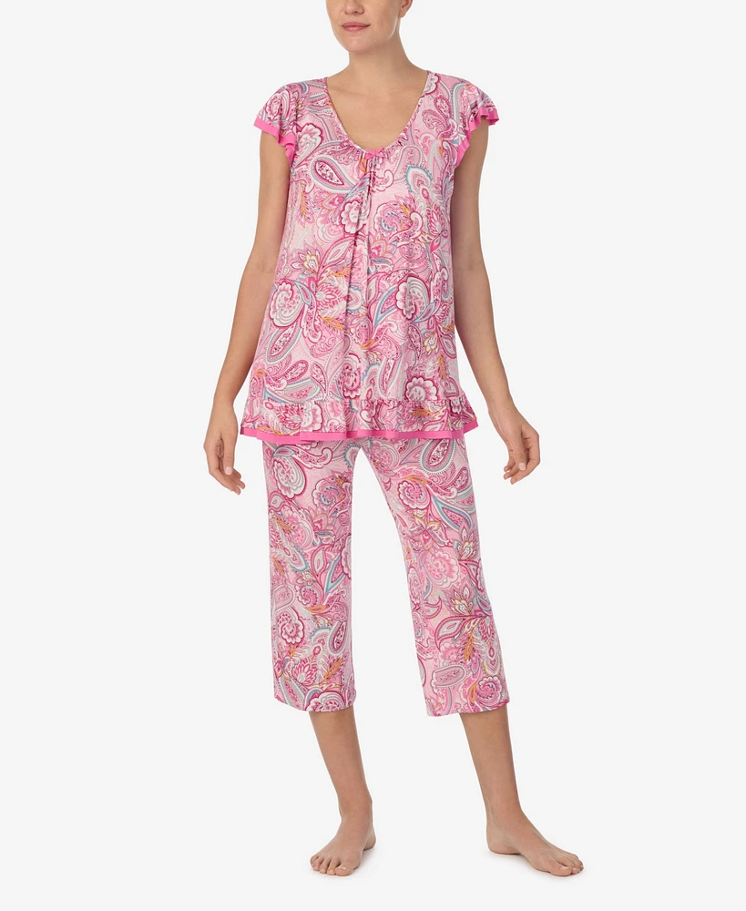 Ellen Tracy Women's Printed Flutter-Sleeve Cropped Pajama Set