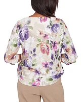 Alfred Dunner Petite Women's Embellished Keyhole Floral Textured Top