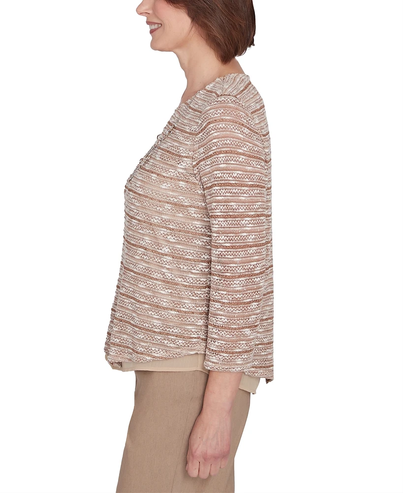 Alfred Dunner Petite Space-Dyed Textured Top With Necklace