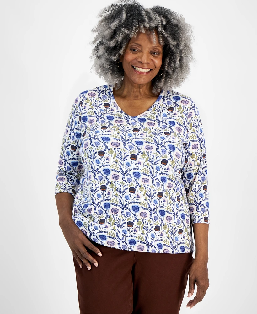 Style & Co Plus Printed 3/4-Sleeve V-Neck Top, Created for