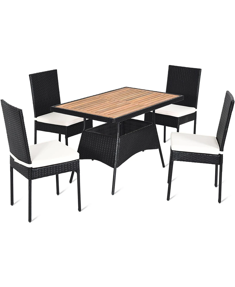 Gymax 5PCS Rattan Patio Dining Set Outdoor w/ Cushion Wooden Tabletop 4 Chairs