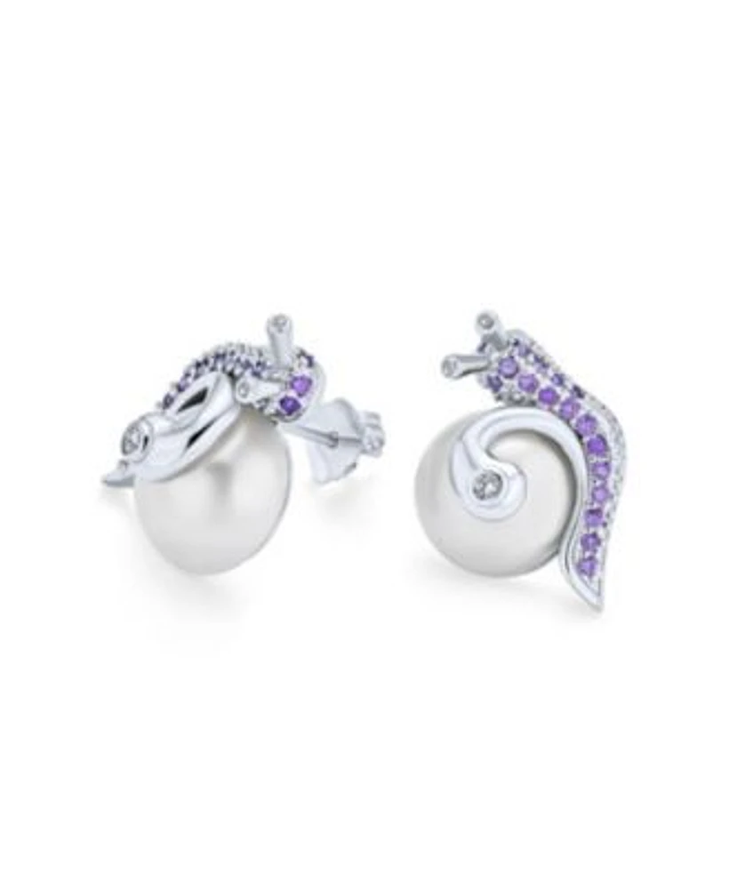 Bling Jewelry 3D Nautical Purple Lavender Cubic Zirconia Pave Snail White Simulated Pearl Stud Earrings For Women Brass