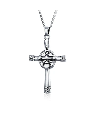 Bling Jewelry Spiritual Religious Irish Viking Eternal Trinity Celtic Knot Claddagh Cross Pendant Necklace For Women Teen Oxidized Solid .925 Sterling