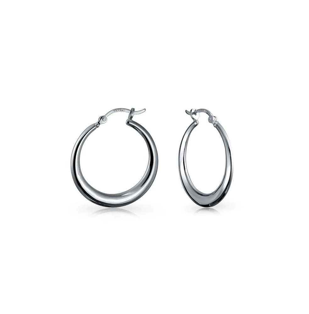 Bling Jewelry Simple Plain Circle Crescent Tapered Tube Hollow Puff Tube Round Hoop Earrings For Women Sterling Silver Hinged Notched Post 1.25 Inch D